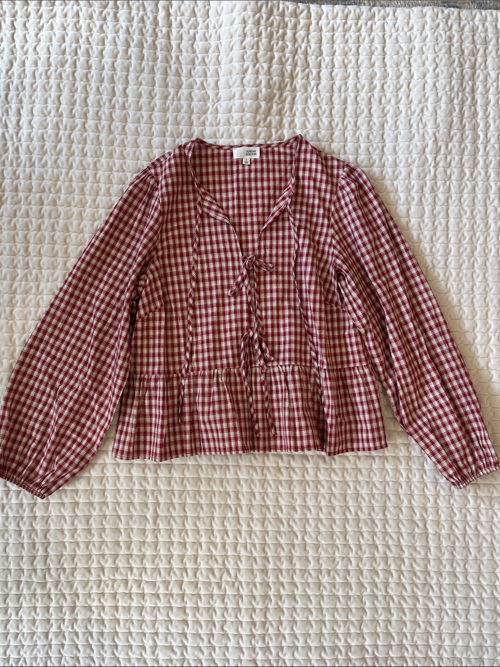 Gingham Tie-Front Peplum Blouse in Burgundy